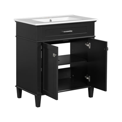 30-Inch Black Bathroom Vanity with Ceramic Sink, Soft-Close Doors, and Adjustable Storage Shelves