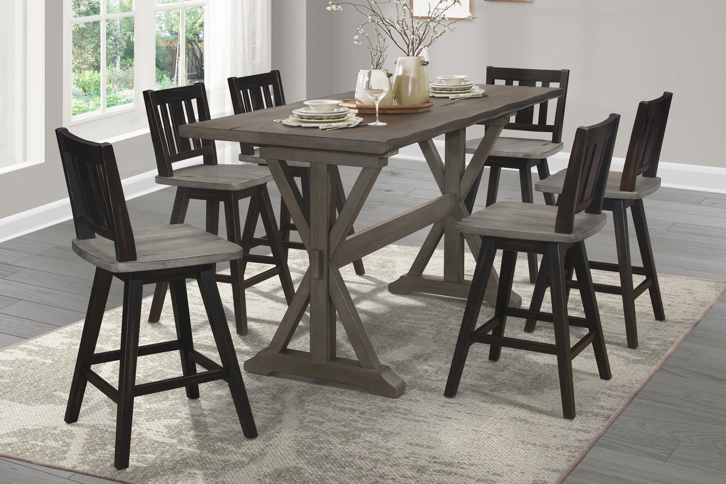 Counter Height Dining Table Rubberwood Rustic Gray Finish