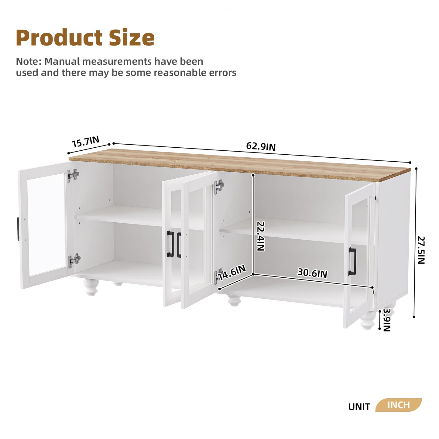 ON-TREND Farmhouse TV Stand with Tempered Glass Doors for TVs Up to 70", Versatile Sideboard with Adjustable Shelves, Elegant Buffet Cabinet with 5 Solid Wood Gourd-Shaped Legs for Living Room, White