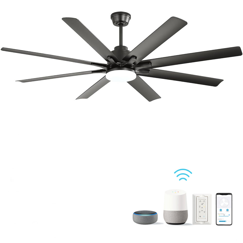 66-Inch Modern Ceiling Fan with LED Lights, 6-Speed Reversible DC Motor, Smart Remote, Indoor Use, Black