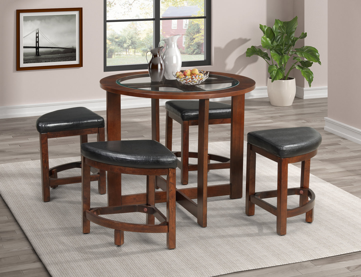 Cylina Solid Wood Glass Top Round Dining Table with 4 Chairs