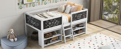 Twin Size Creative Low Loft Bed with Movable Storage Shelves and Chalkboard Guardrail, White