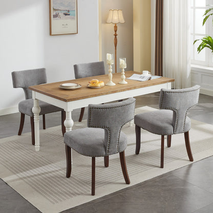 Set of 2 Mid Century Modern Dining Chairs, Linen Upholstery, Copper Nailhead Trim Solid Wood Frame Gray