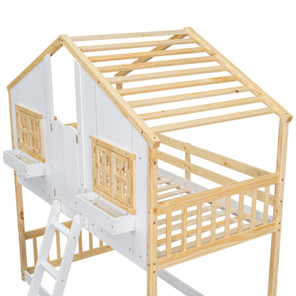 Twin House Bunk Bed for Kids with Roof, Windows, and Safety Features - Natural/White Finish