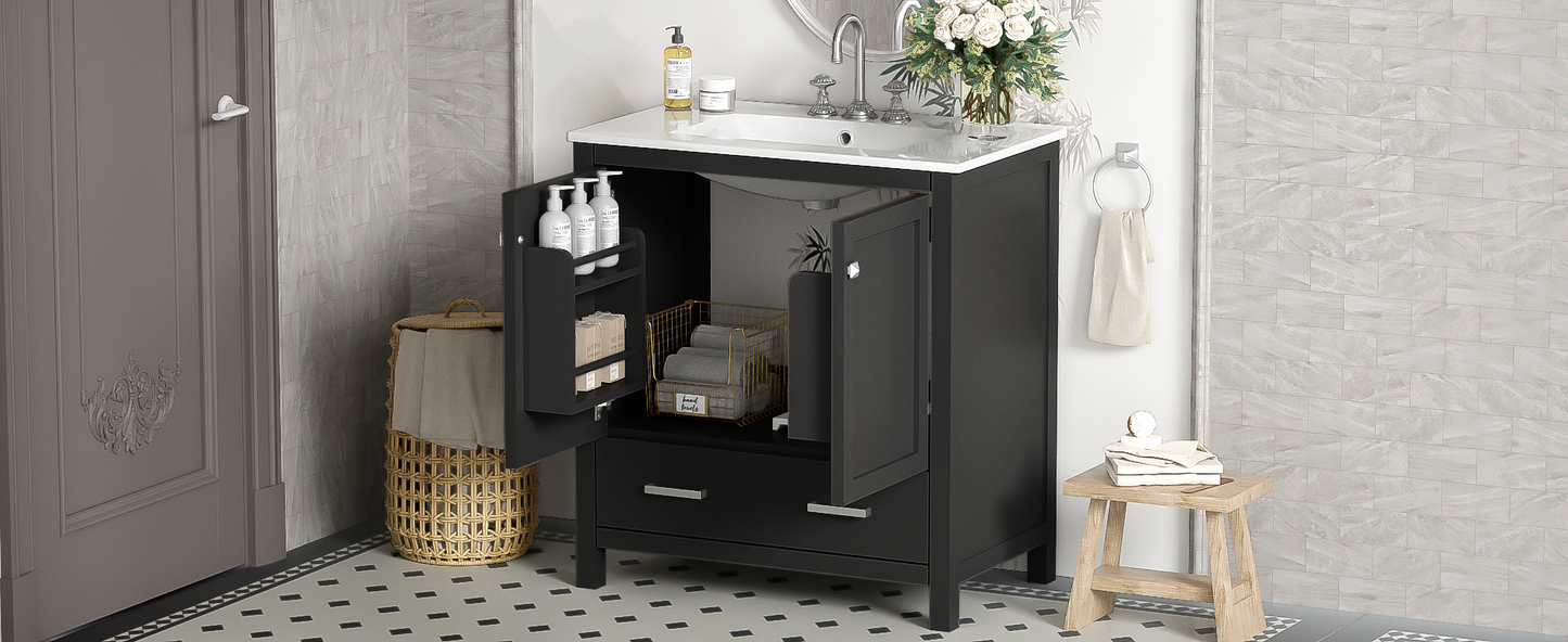 30-Inch Modern Black Bathroom Vanity with Single Sink and Soft-Close Doors, Stylish Storage Cabinet with Undermount Ceramic Basin, Durable Solid Wood Frame