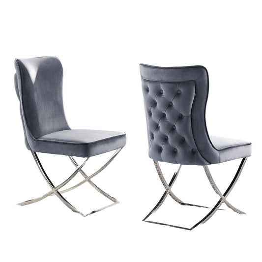 2 Velvet Dining Chairs with Button-Tufted Upholstery, Chrome Frame, 20.75W x 26.5D x 38H, Glam, Gray
