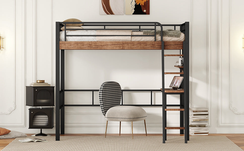 Black Metal Twin Loft Bed with Integrated Desk, Storage Shelf, and Ladder