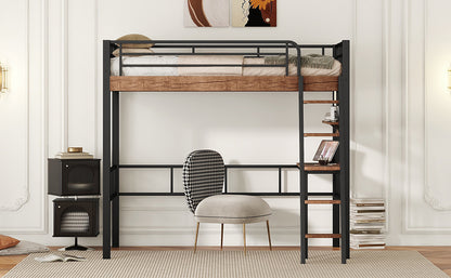 Black Metal Twin Loft Bed with Integrated Desk, Storage Shelf, and Ladder