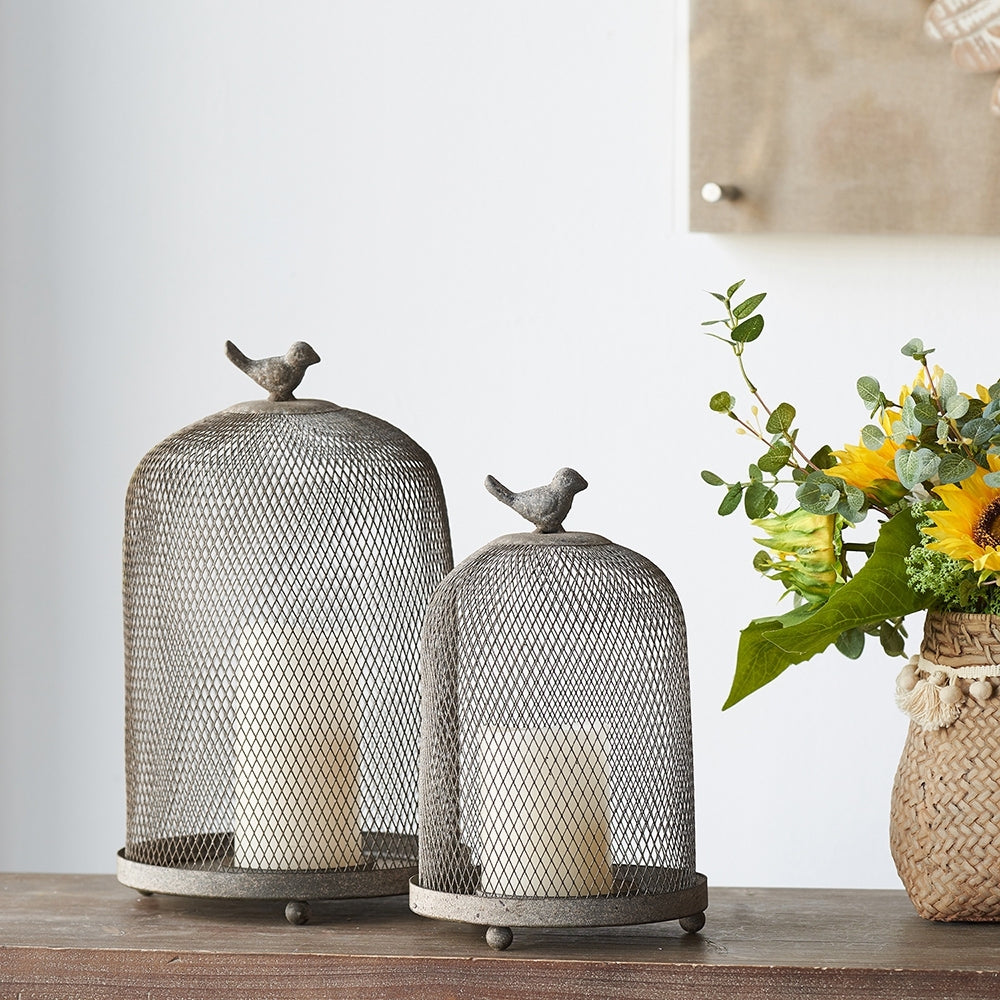 Set of 2 Iron Candle Holders with Mesh Dome and Bird, 8.5x8.5x13in & 7x7x10in, Farmhouse Antique Gray
