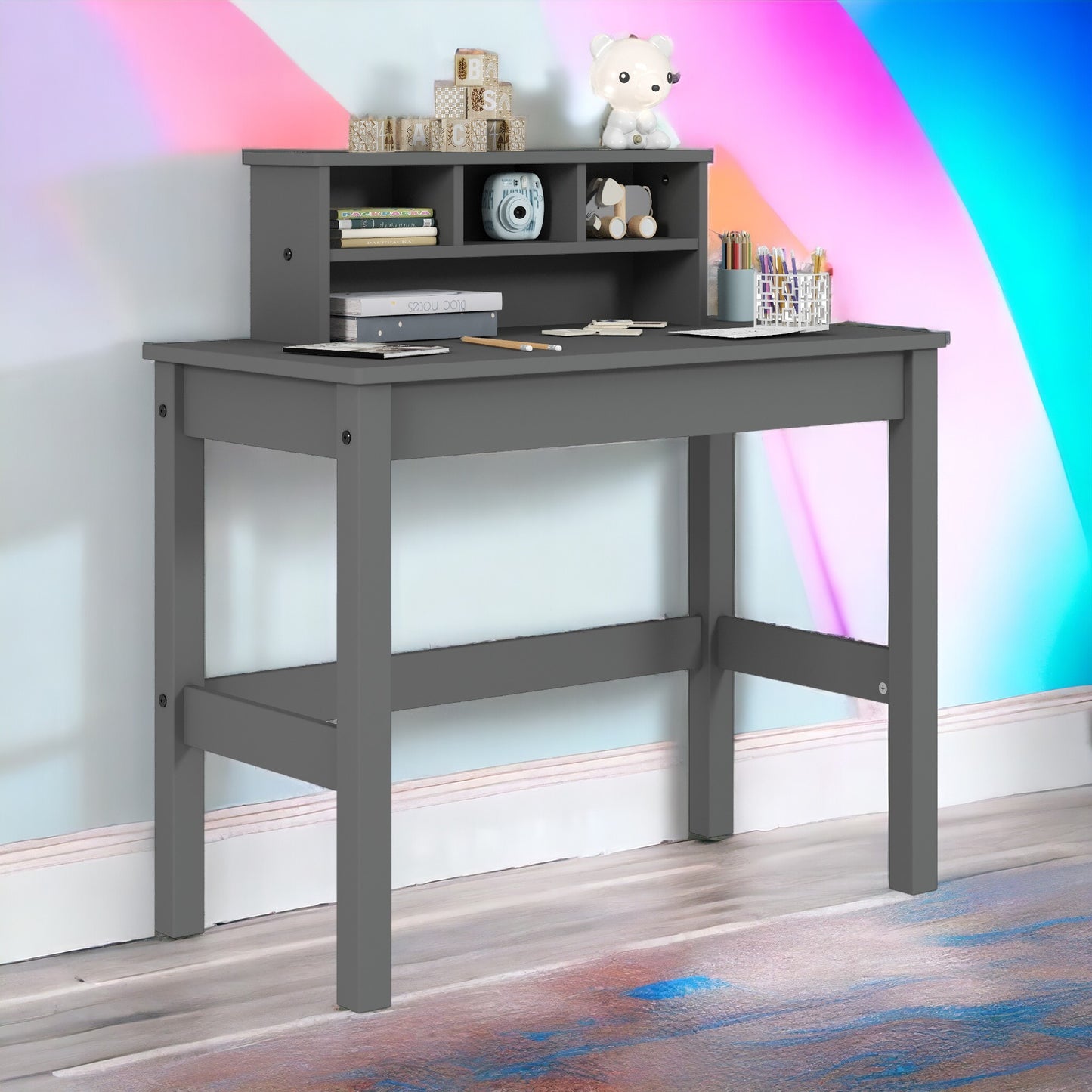 Sleek Gray Wood Writing Desk with Hutch and Cable Management