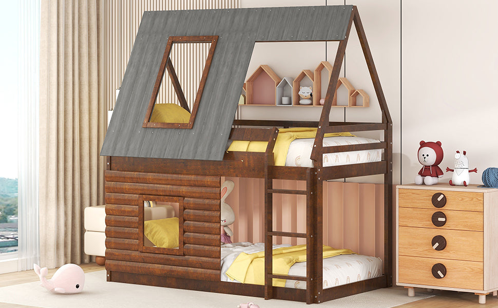 Charming Oak & Smoky Grey Twin Size House Bunk Bed with Roof, Ladder, and Two Windows