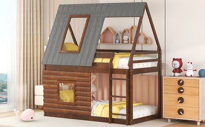 Charming Oak & Smoky Grey Twin Size House Bunk Bed with Roof, Ladder, and Two Windows
