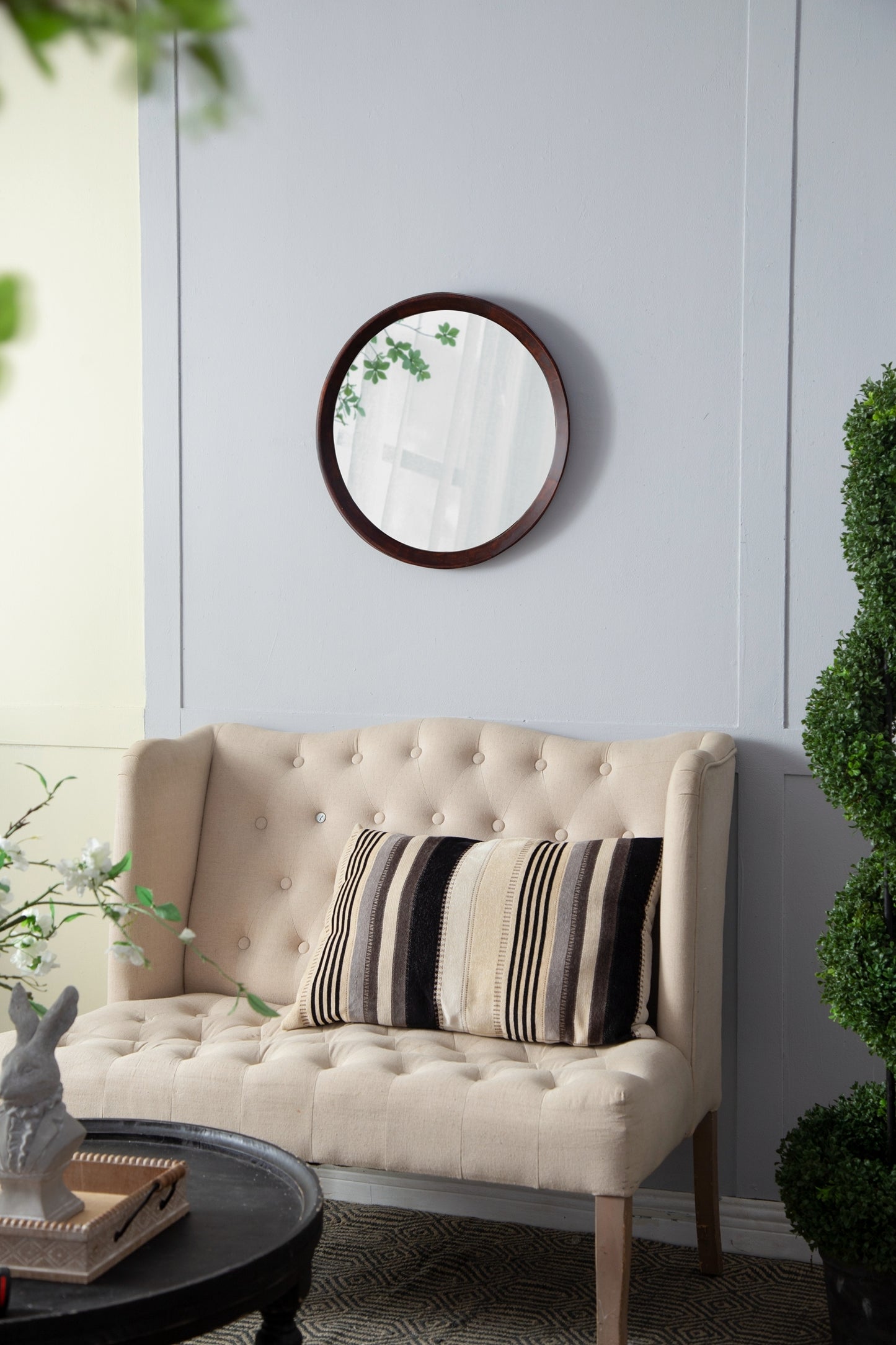 Round Transitional Mango Wood Wall Mirror - 20" Framed Accent for Bathroom and Entryway