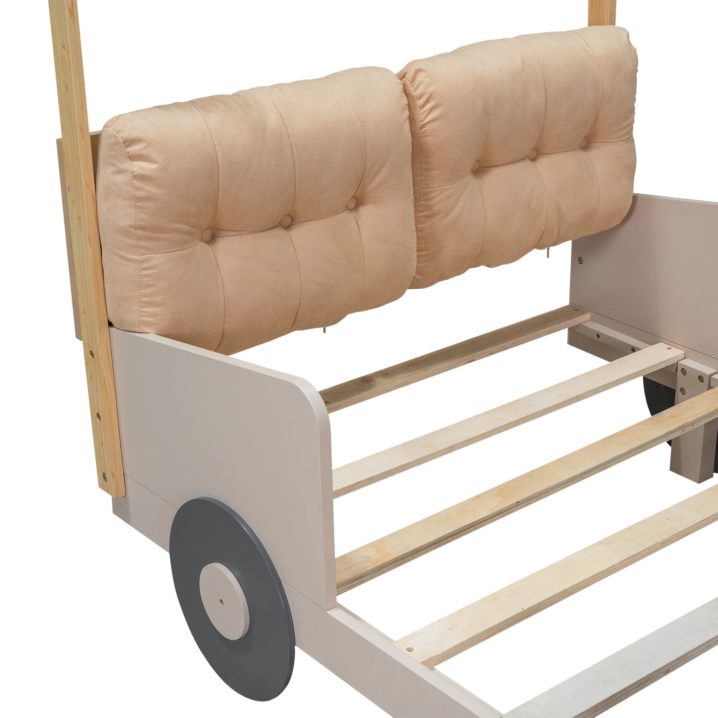 Wood Twin Size Car Bed with LED Lights, Pillow, Ceiling Cloth, Solid Pine and MDF Bed Frame Natural