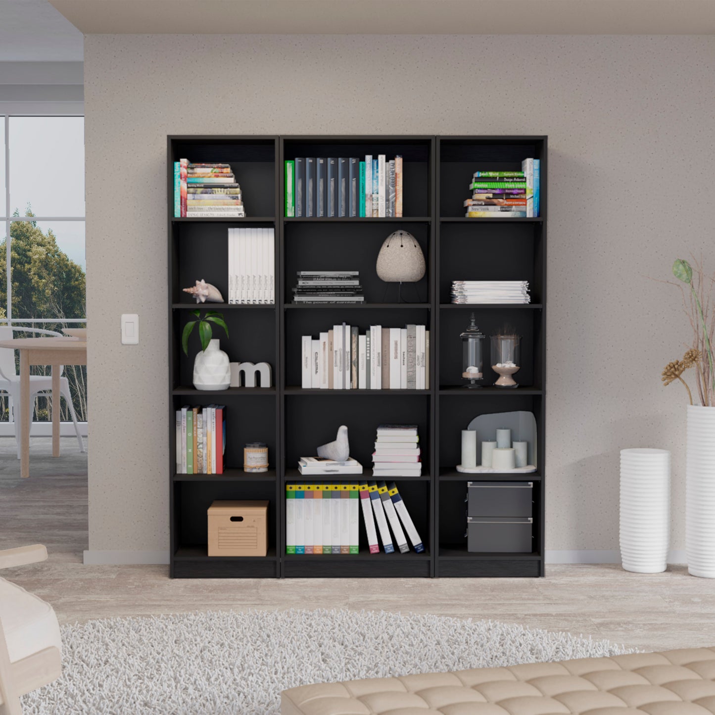 Modern 3-Piece Black Bookcase Set with 15 Shelves for Stylish Living Room Storage