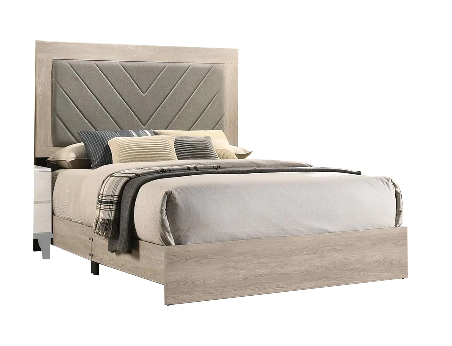 Elegant Cream California King Bed with Gray V-Design Headboard - Premium Rubberwood Frame