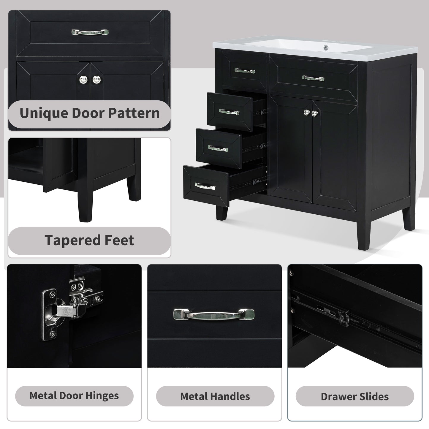 Modern 36" Black Bathroom Vanity Base Cabinet with Drawers, Solid Wood & MDF Construction