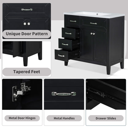 Modern 36" Black Bathroom Vanity Base Cabinet with Drawers, Solid Wood & MDF Construction