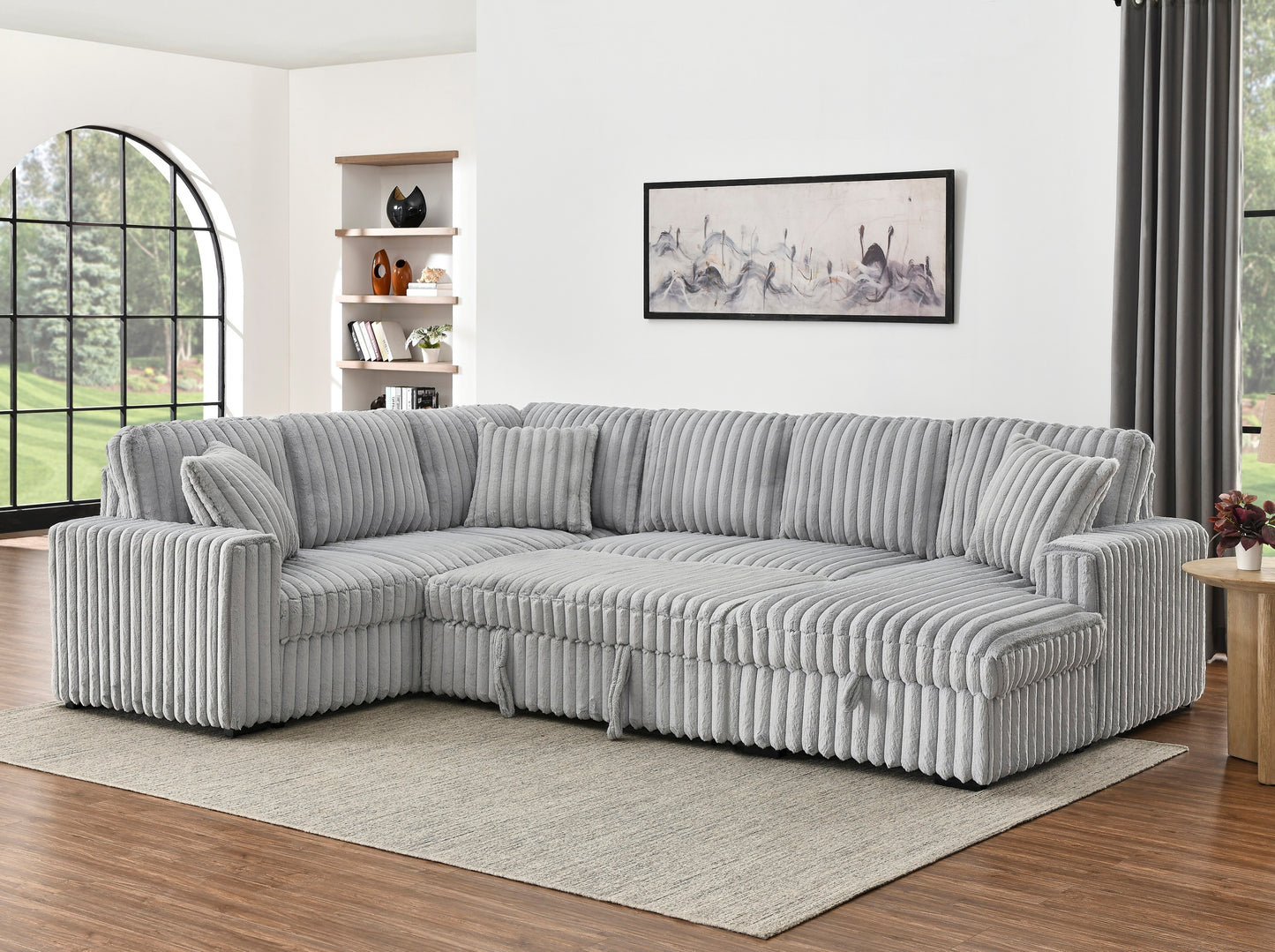 122-Inch U-Shape Sectional Sofa Bed with Chaise, Pull-Out Sleeper, USB Ports, Storage, Plush Fabric Grey