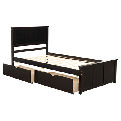 Espresso Twin Size Platform Bed with Dual Under-Bed Drawers on Wheels