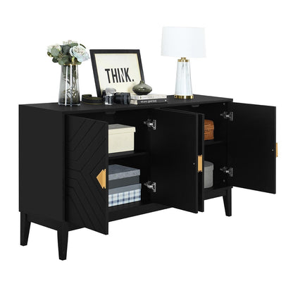 4-Door Sideboard Storage Cabinet for Living Room and Dining Room, Two Large Cabinets with Gold Handles and Adjustable Shelf, Black
