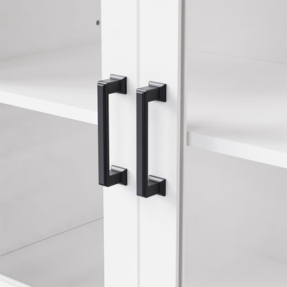 ON-TREND Farmhouse TV Stand with Tempered Glass Doors for TVs Up to 70", Versatile Sideboard with Adjustable Shelves, Elegant Buffet Cabinet with 5 Solid Wood Gourd-Shaped Legs for Living Room, White