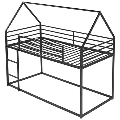 Twin House Bunk Bed for Kids - Black Twin over Twin Design with Built-in Ladder