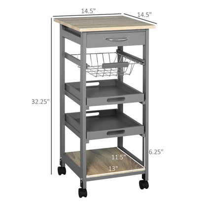 Compact Grey Kitchen Island Trolley With Slide Out Basket