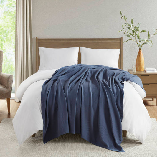 Full/Queen Plush Cotton Blanket 90x90 - Carved Pattern, 100% Ring-Spun Cotton, Oeko-Tex Certified, Machine Washable, Pilling & Shrinkage-Resistant Navy