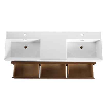 Contemporary 60-Inch Wall-Mounted Bathroom Vanity with Dual Resin Sinks, Soft-Close Drawers, and Floating Design