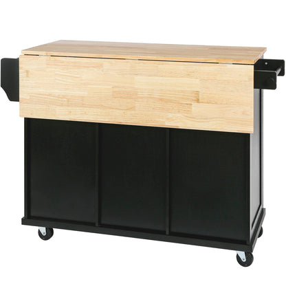Black Kitchen Island Cart with Drop-Leaf Rubber Wood Top, Storage Cabinet, and Rolling Wheels