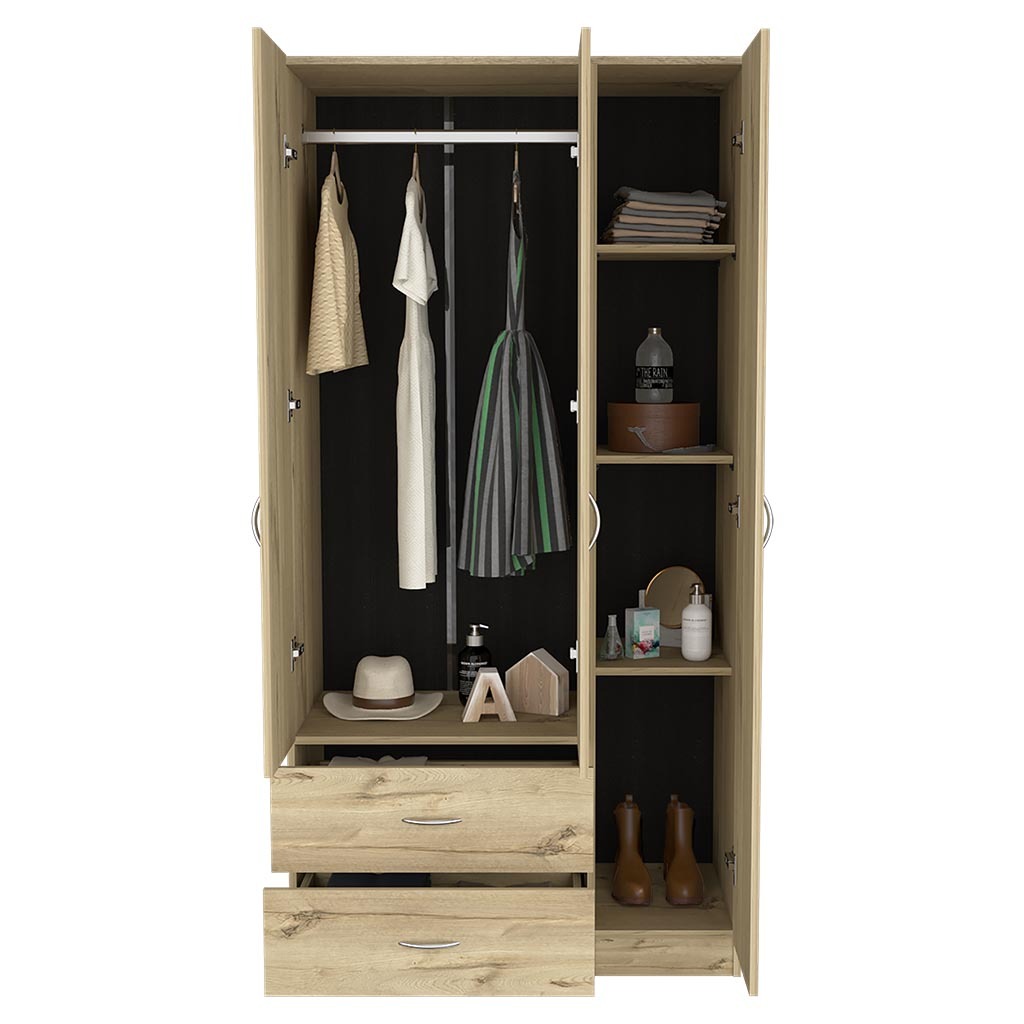 Modern Light Oak & Black 3-Door Armoire with Shelves, Drawers, and Hanging Rod