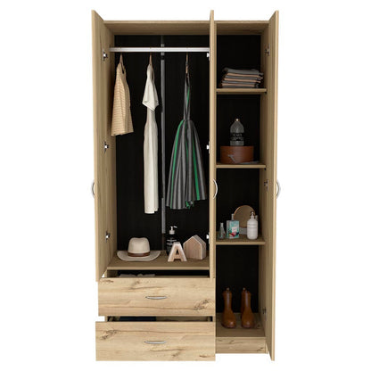 Modern Light Oak & Black 3-Door Armoire with Shelves, Drawers, and Hanging Rod