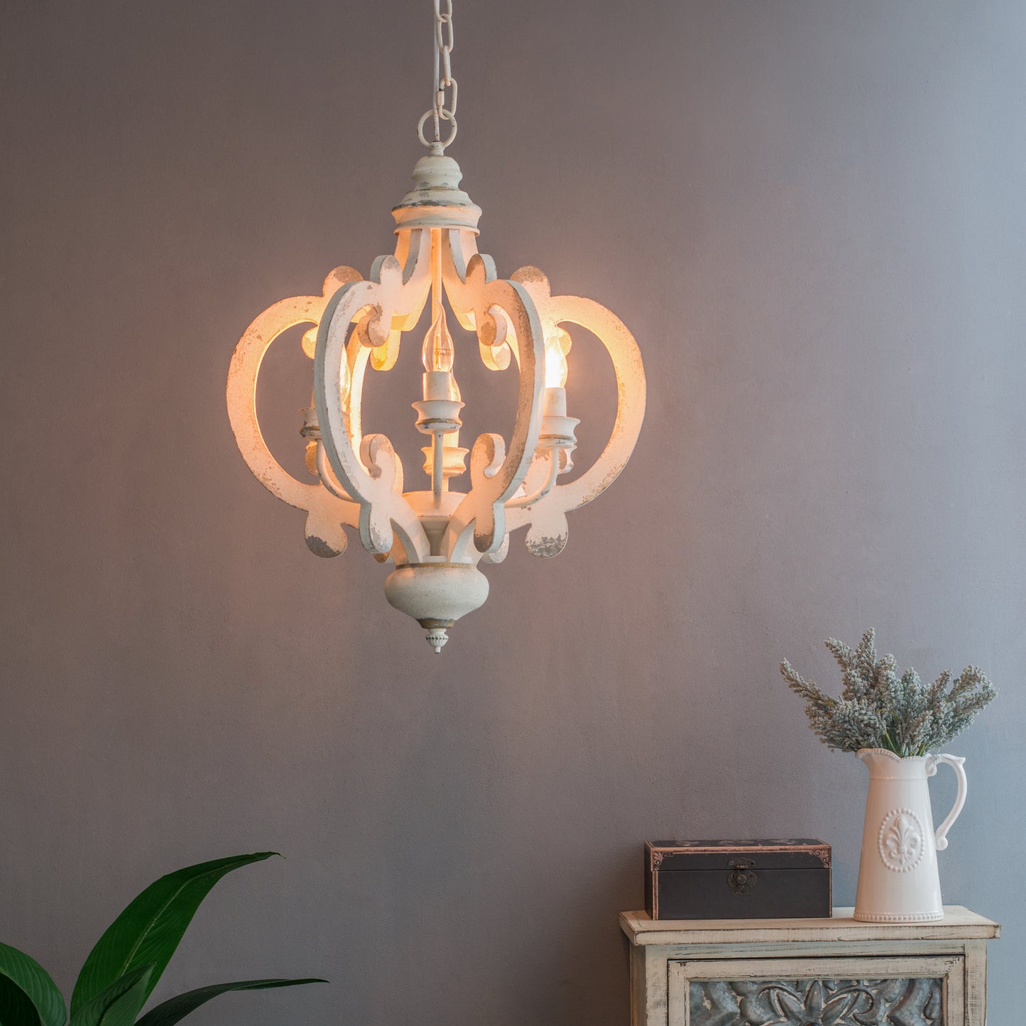 French Country 6-Light Wood Chandelier with Adjustable Chain, Bulbs Not Included, Whitewashed Beige