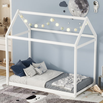 White Twin Size Pine Wood House Bed for Kids