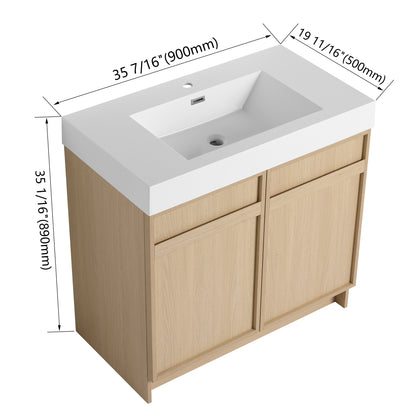 Modern 36" Freestanding Oak Bathroom Vanity with Soft-Close Doors & Integrated White Resin Sink
