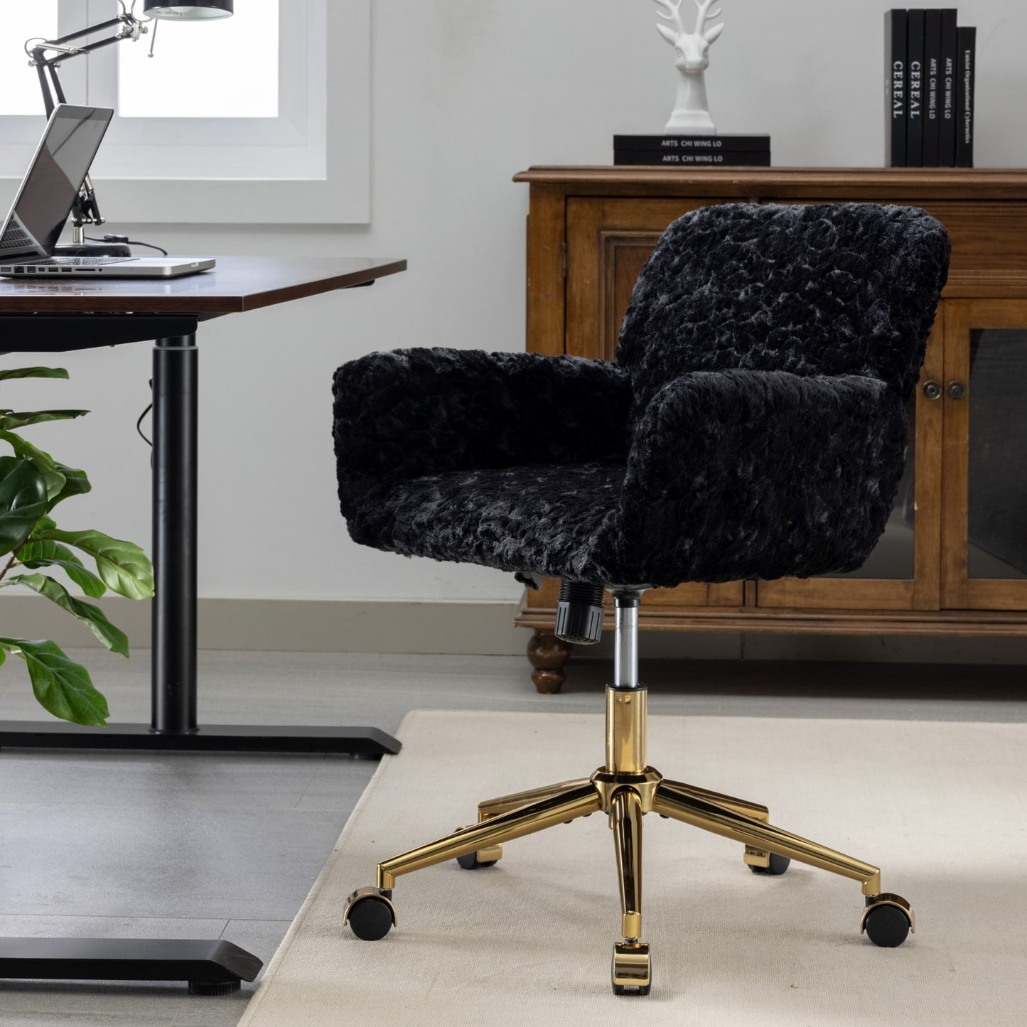 Elegant Black Upholstered Office Chair with Golden Metal Base, Adjustable Swivel Design, Ideal for Home and Vanity Use