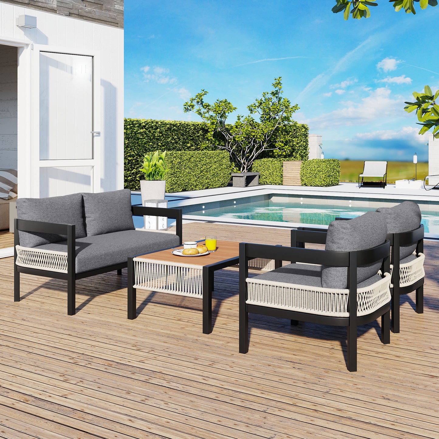 Outdoor Iron Sofa Set With Table And Rattan Accents Waterproof And Rustproof Patio Furniture For Garden Grey