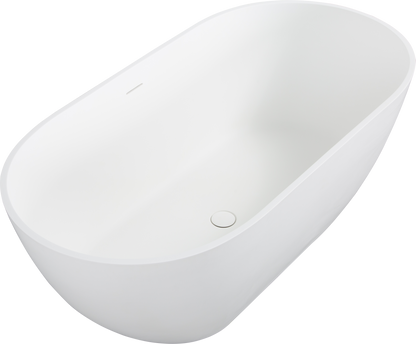 Luxury 59" Freestanding Solid Surface Soaking Bathtub with Overflow and Pop-up Drain in Matte White for Contemporary Bathrooms