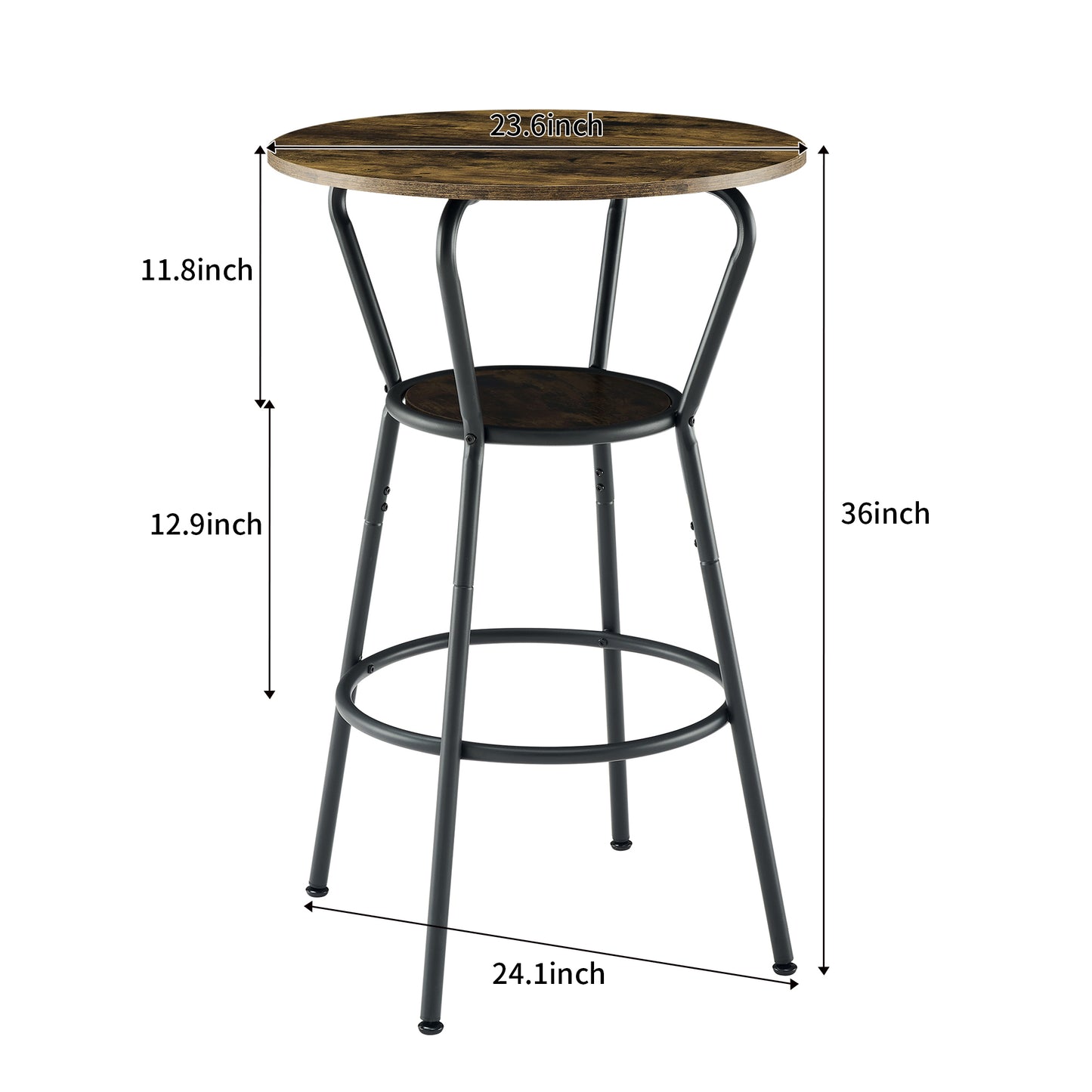 Round Bar Table & Stool Set with Shelf, Upholstered Backrest, Metal & Wood, 24-In Table, 36-In Height, Rustic Brown