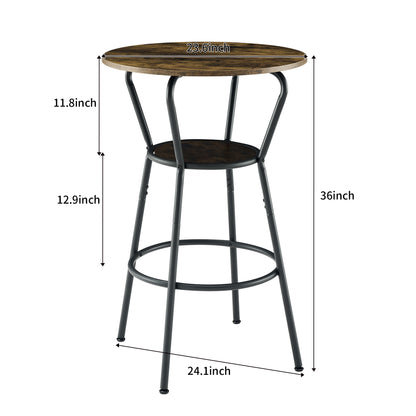 Round Bar Table & Stool Set with Shelf, Upholstered Backrest, Metal & Wood, 24-In Table, 36-In Height, Rustic Brown