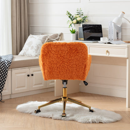 Orange Upholstered Home Office Chair with Golden Base - Adjustable Swivel Vanity Chair Featuring Artificial Rabbit Hair and Reclining Chassis