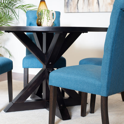 Round Cross Buck Dining Table With Four Contemporary Chairs