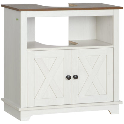 Farmhouse Style Under Sink Cabinet with Double Doors and Shelves for Bathroom Storage - White
