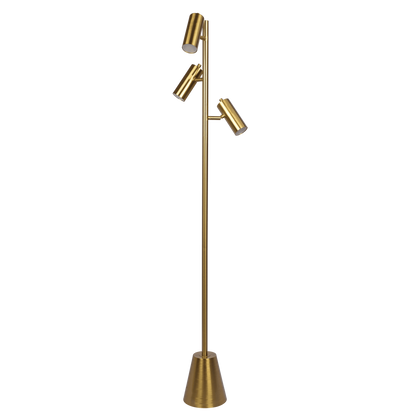 63-Inch Floor Lamp with Rotary Switch, Triple Spotlight Heads, Metal Cone Base, Brassed Gold