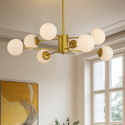 8-Light Modern Chandelier with White Glass Globes, Mid-Century Branching Iron Frame Ceiling Fixture Gold