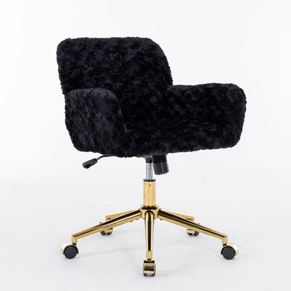 Elegant Black Upholstered Office Chair with Golden Metal Base, Adjustable Swivel Design, Ideal for Home and Vanity Use