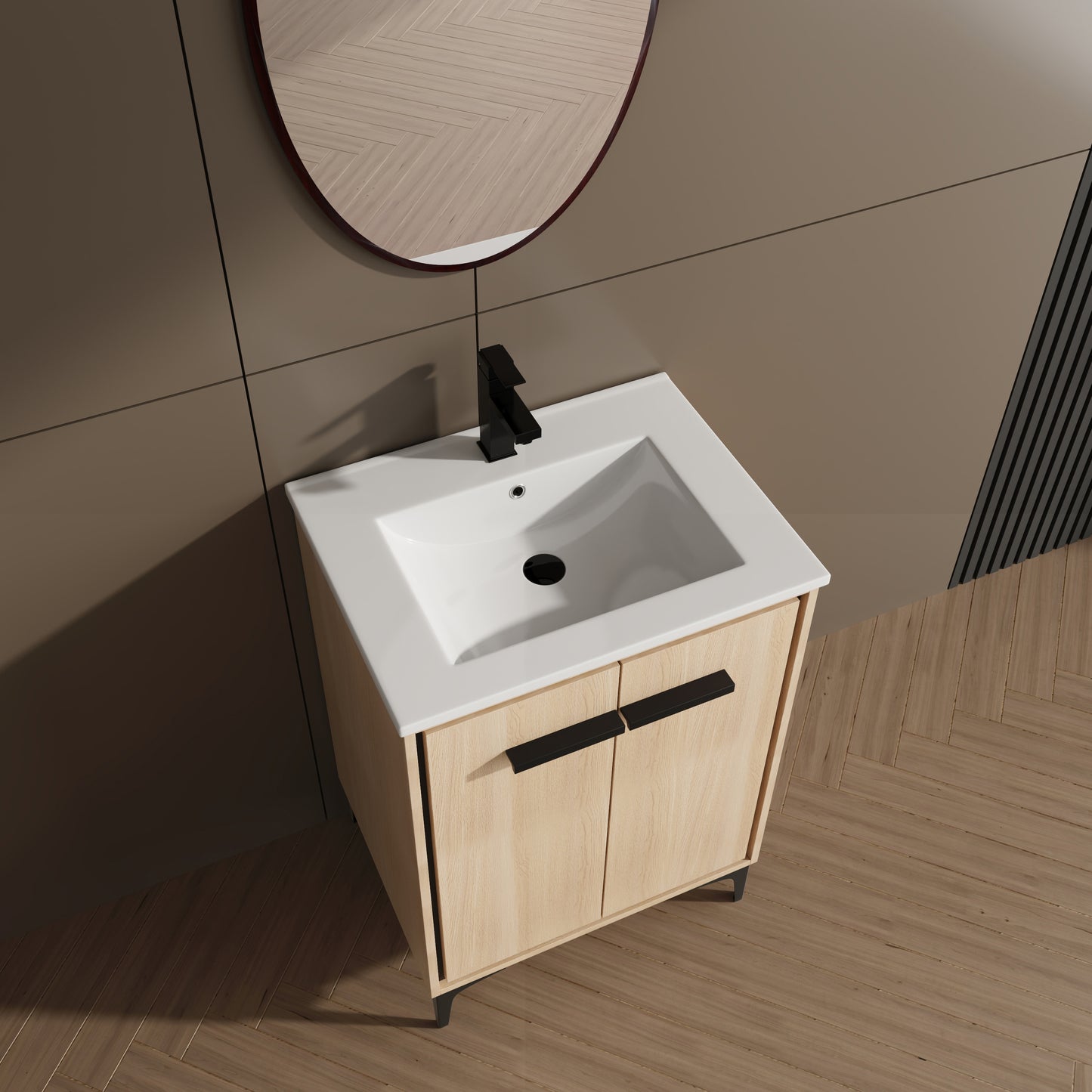 24-Inch Oak Bathroom Vanity with Ceramic Basin and Storage Cabinet