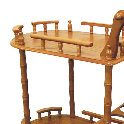 Elegant 29 Inch Oak Two Tier Wine Cart With Locking Wheels