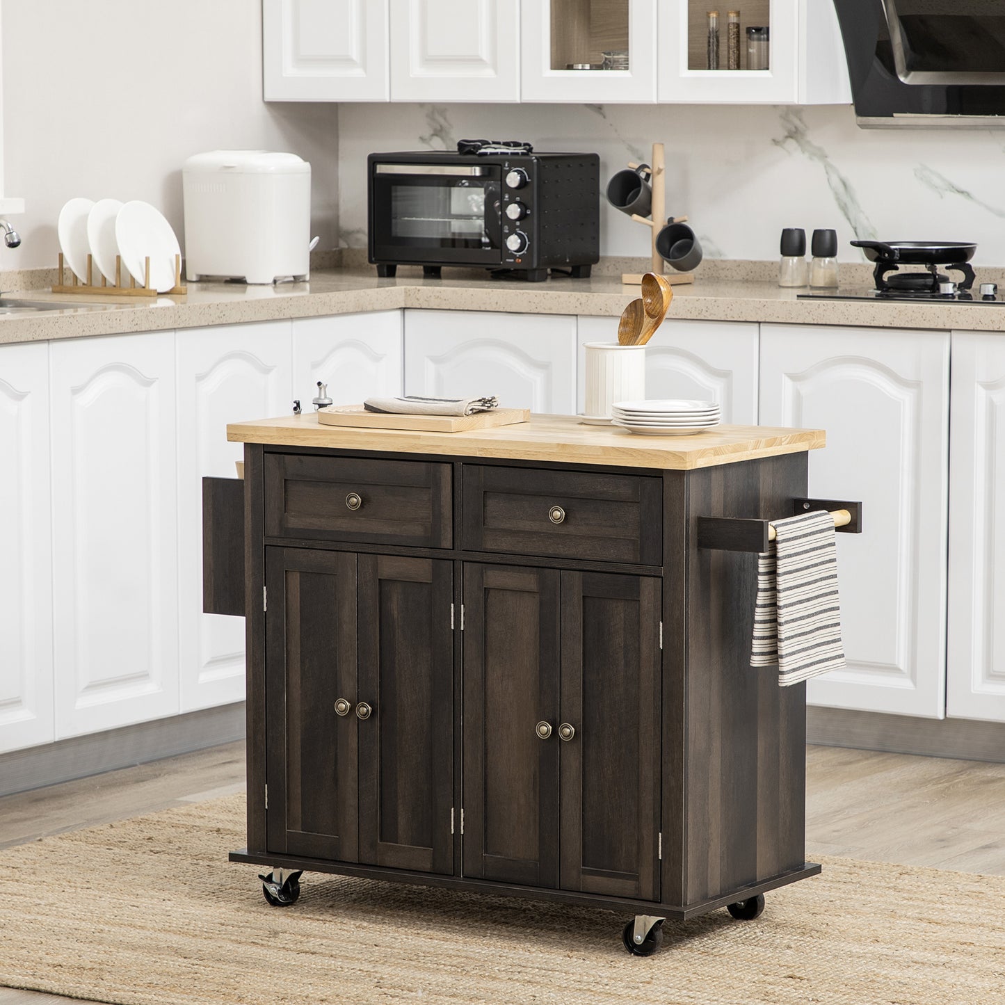 Modern Brown Oak Rolling Kitchen Island Cart with Spice Rack and Adjustable Shelves